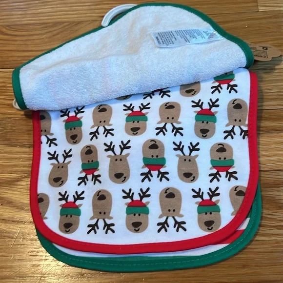 Baby Essentials Reindeer Bib Trio - Gray, Red, Green - Picture 4 of 5
